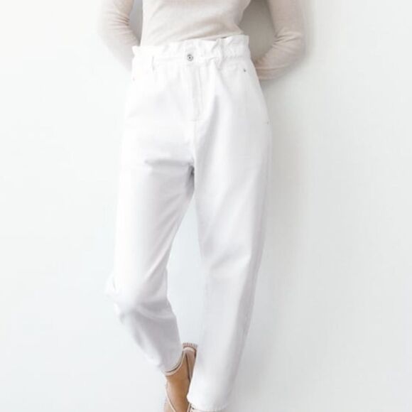Zara BAGGY PAPERBAG JEANS in white size XS - Picture 2 of 9
